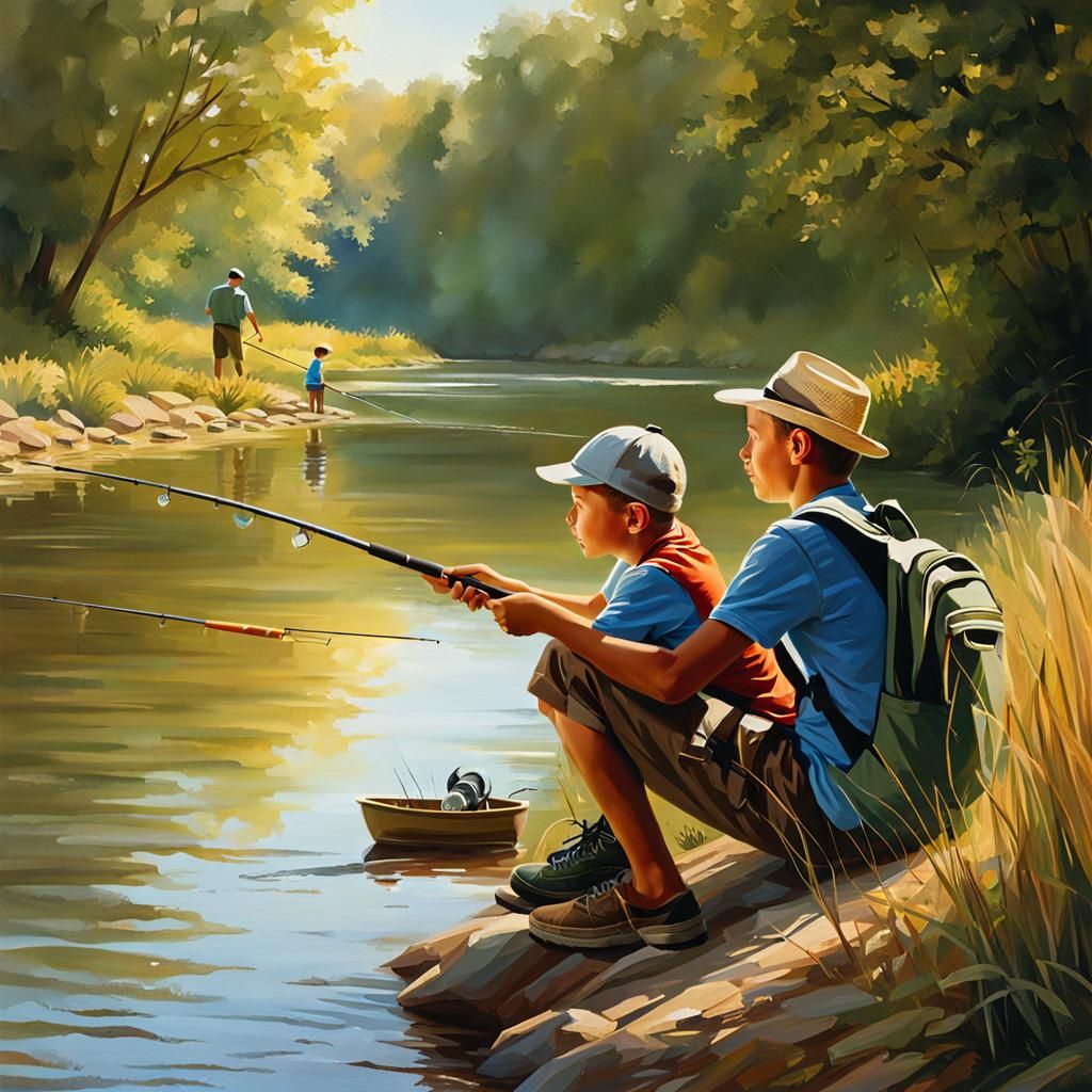 Father and Son Fishing on a Riverbank