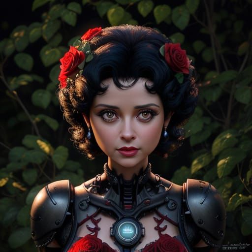Betty Boop in Mechanical Garden: Hyperrealistic Digital Art