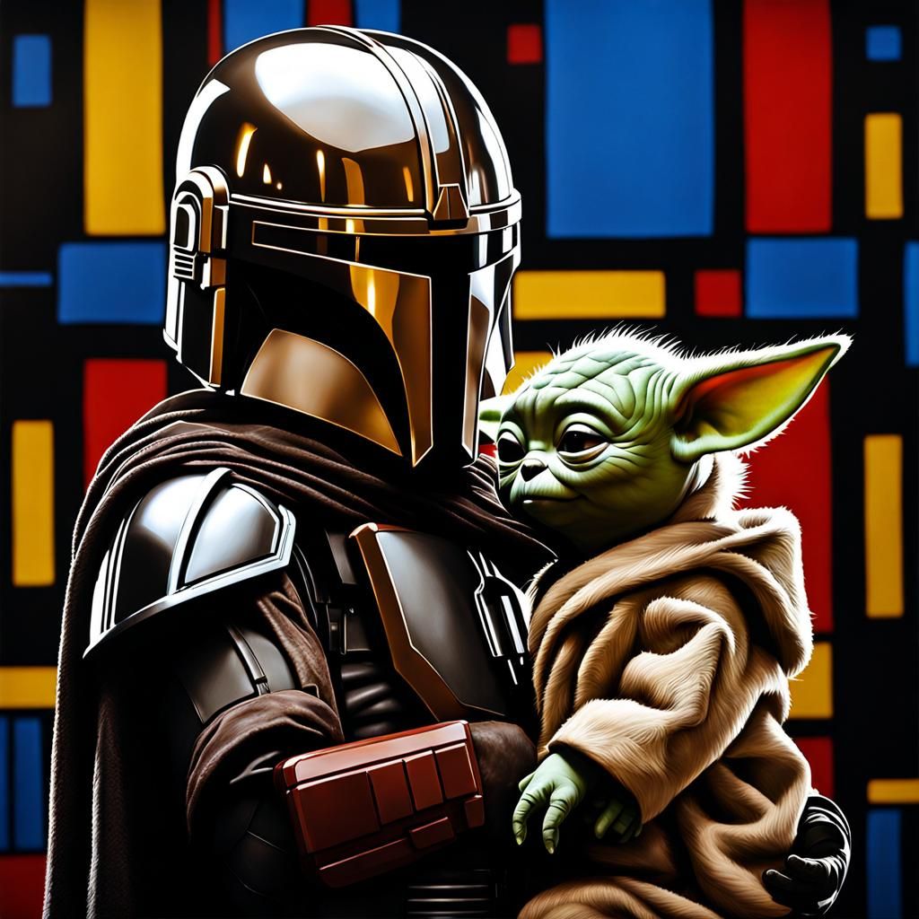 Mandalorian and Grogu in Mondrian Style