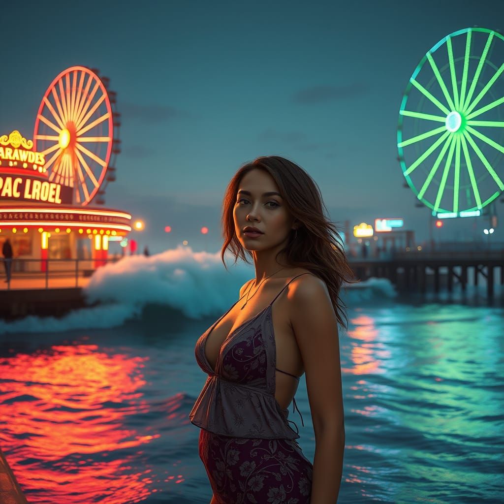 Cyberpunk Woman at Tranquil Waterfront with Neon Signs