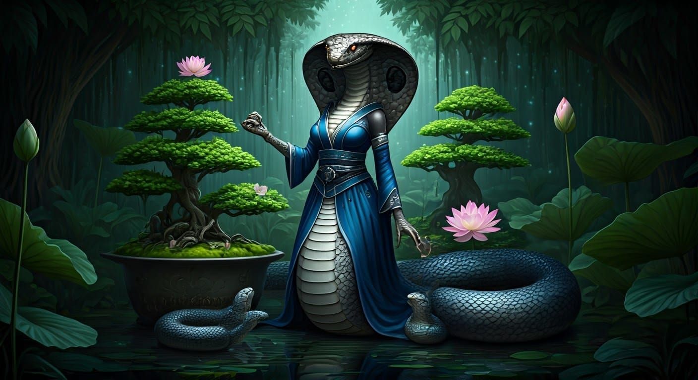 Snake Goddess Tending to Enchanted Bonsai in Dark Biomechani...