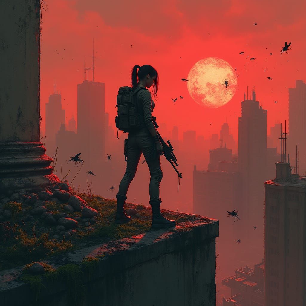 Post-Apocalyptic Survivor in Ruined Cityscape
