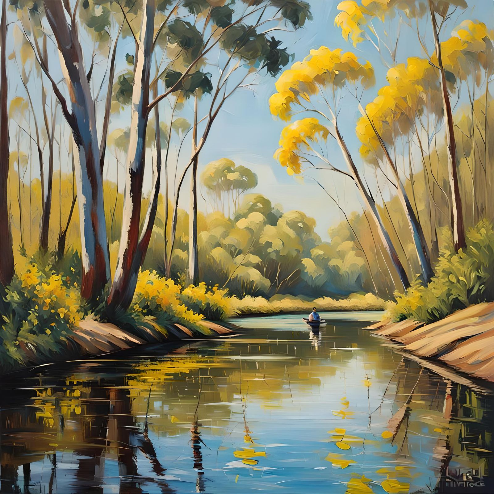 Serene River Canoeing: Impasto Oil Painting