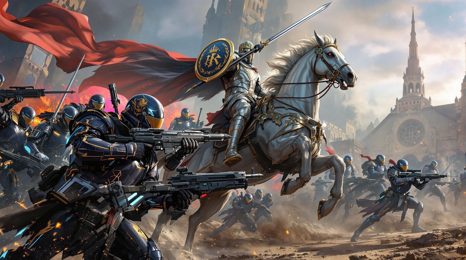 Gallant Knight Clashes with Futuristic Soldiers in Cyberpunk...