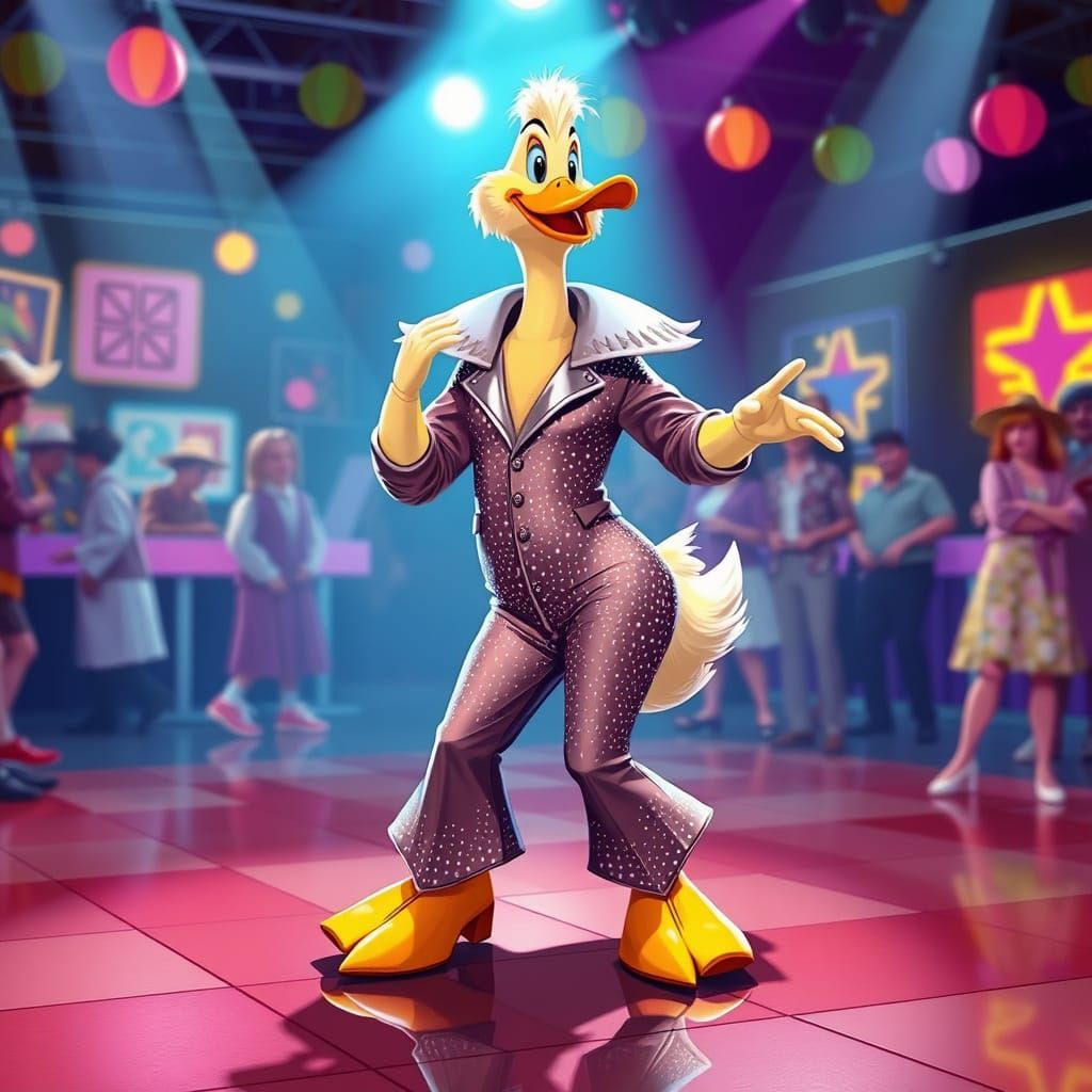 Disco Duck in Jumpsuit Dances Under Disco Lights