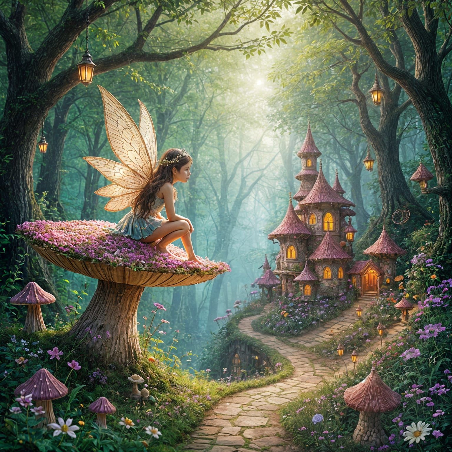 Fairy Alights Upon Toadstool in Whimsical Fairy Village