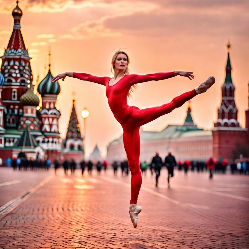 Red woman ballet dancing in tights on Red Square Moscow