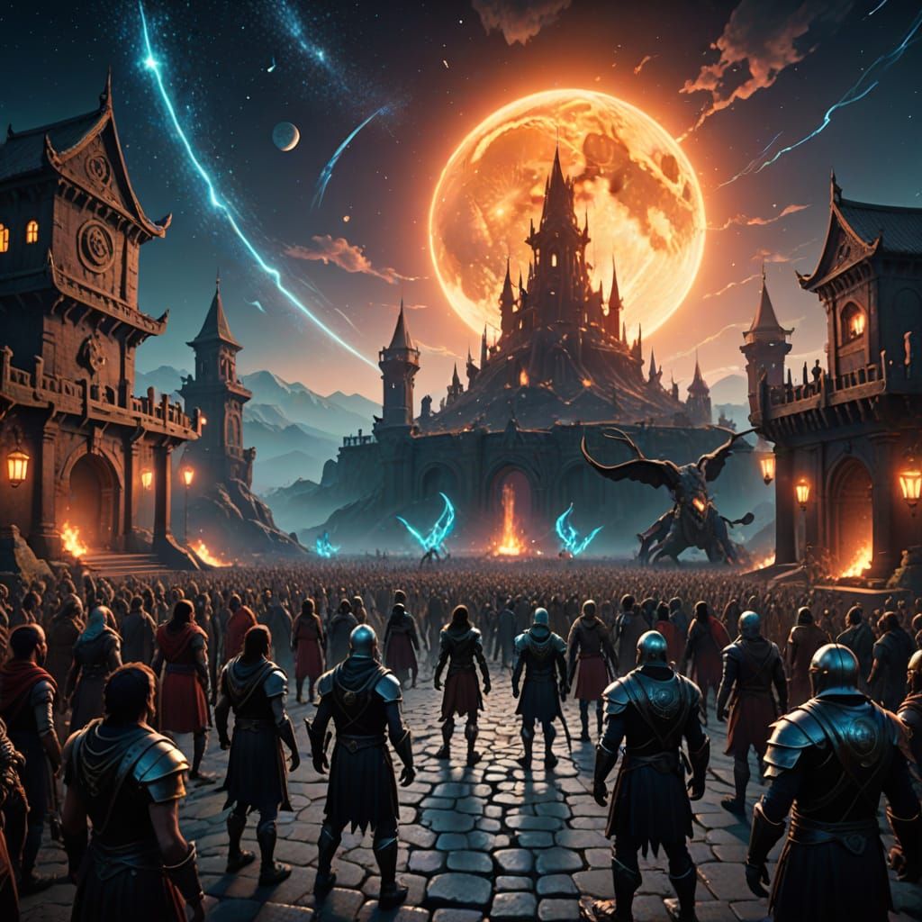 Ethereal Arena of Mythical Creatures Under Starry Night Sky