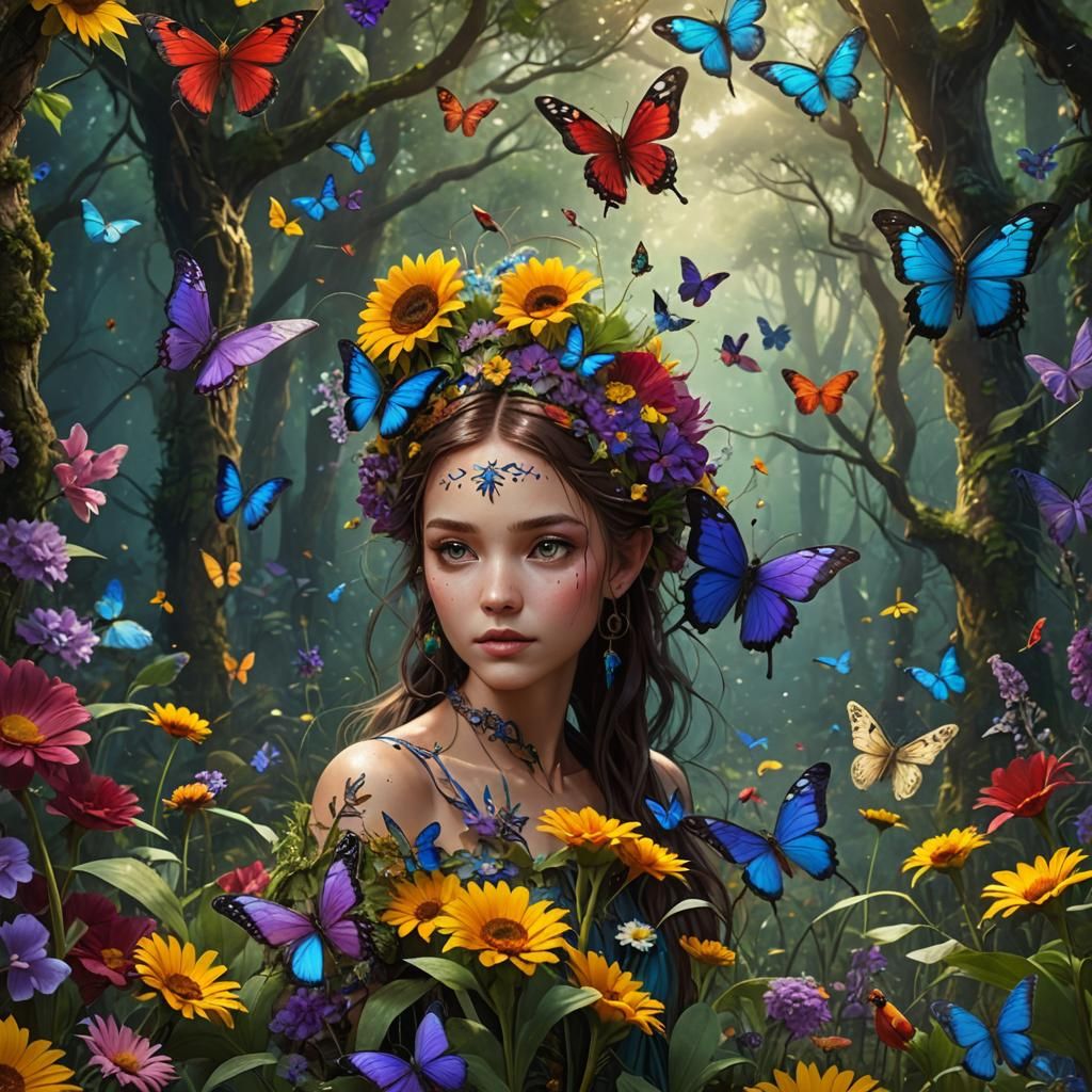 Enchanted Forest Fairy with Dragonflies and Peacocks