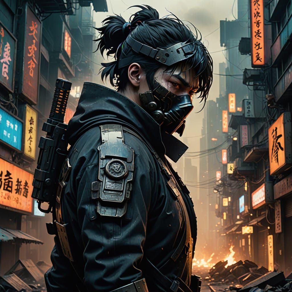 In a desolate, cyberpunk cityscape, a lone samurai stands guard atop a crumbling skyscraper, their katana gleaming in th...