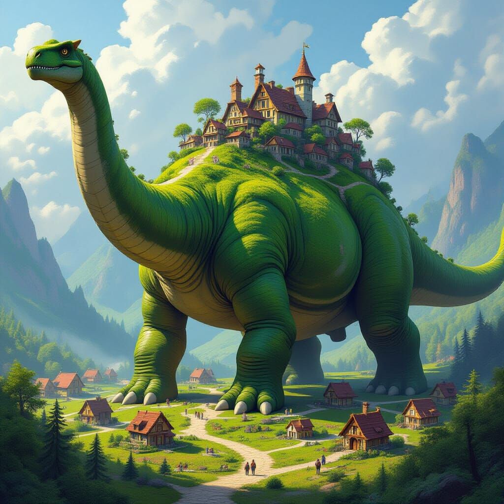 Colossal Sauropod Dinosaur With Village On Its Back