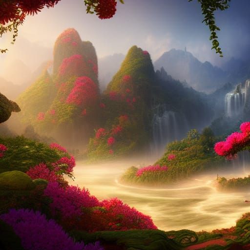 Fantastical Paradise: Detailed Matte Painting in Deep Color
