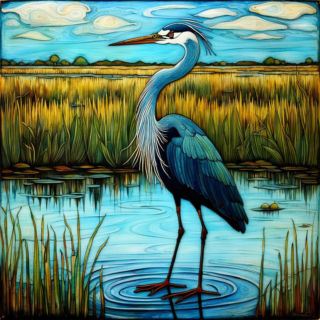Encaustic Heron in Marshlands, Art Nouveau Style