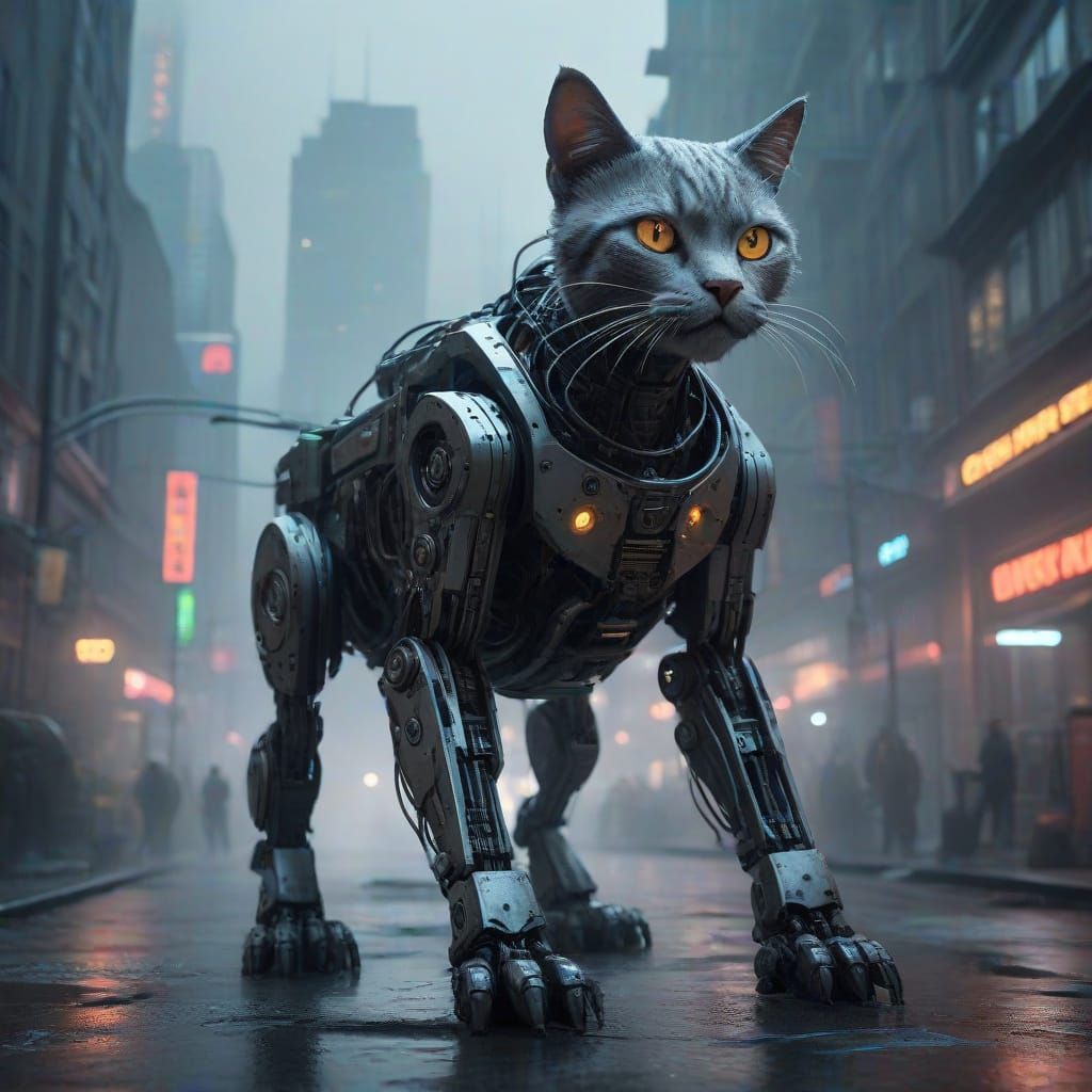 Cyberpunk Robot Cat Amidst Neon Cityscape