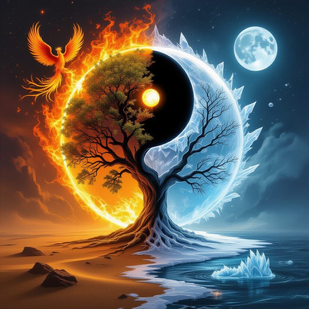 Cosmic Yin-Yang Harmony: Fire, Ice, Sun, Moon