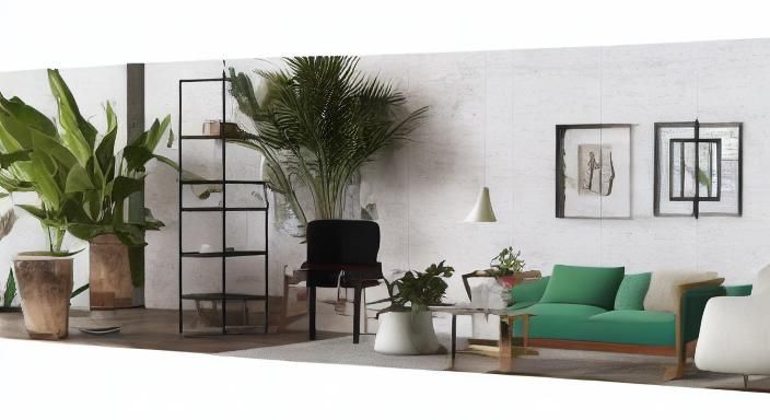 Minimalist Interior with Wicker Stool and Green Plants