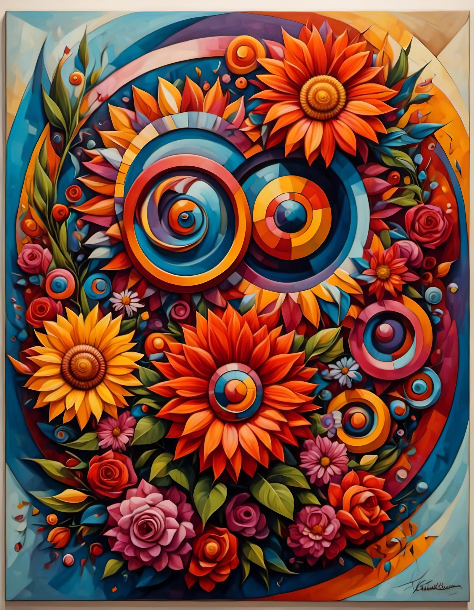 Cubist Concentric Circles and Flowers in Impasto Style