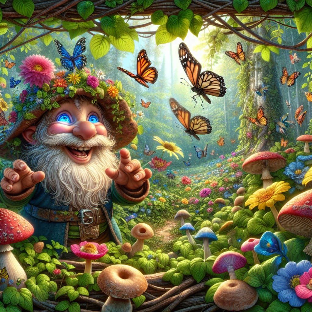 Gnome's Joyful Encounter with Butterflies in Forest