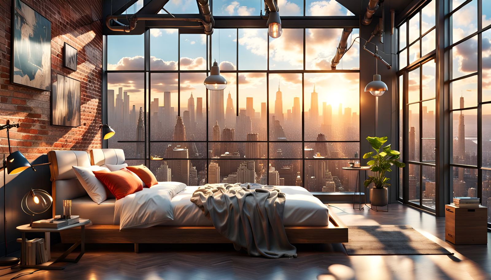 Industrial Bedroom with Solarpunk City View
