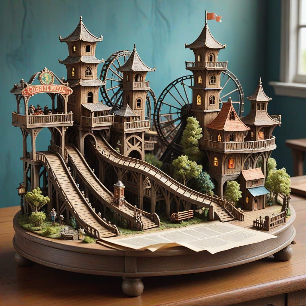 Detailed Miniature Amusement Park on Parchment Scroll
