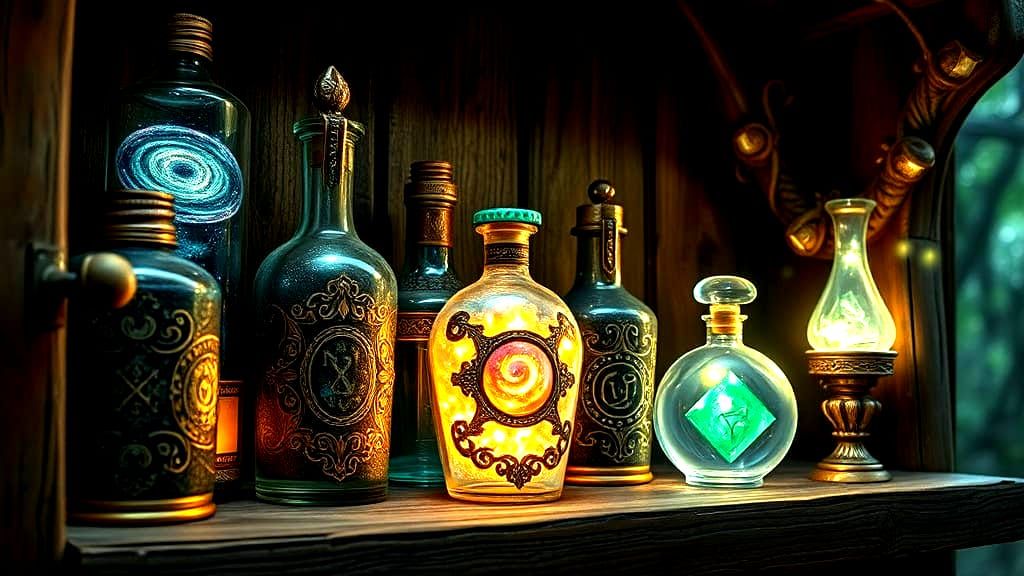 Enchanted Potion Bottles in Ethereal Light, Fantasy Shelf