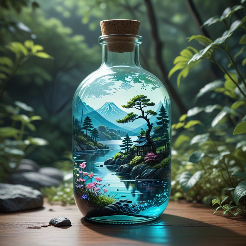 Delicate Glass Bottle with Miniature Japanese Garden Landsca...