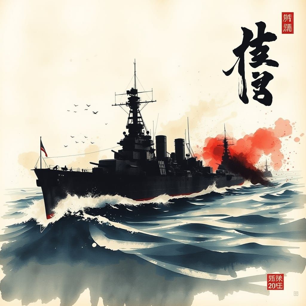 Stunning Silhouette Art of Yamoto Battleship in Sepia and Ca...