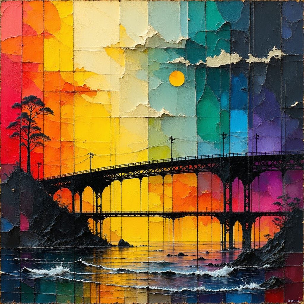 Colorful Bridge Between Realms in Neo-Impressionist Style