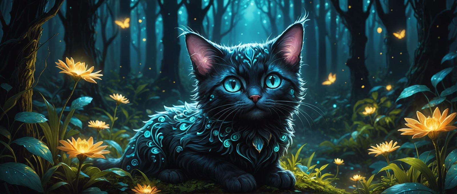 Bioluminescent Fairy Cat in Dark Fantasy Forest