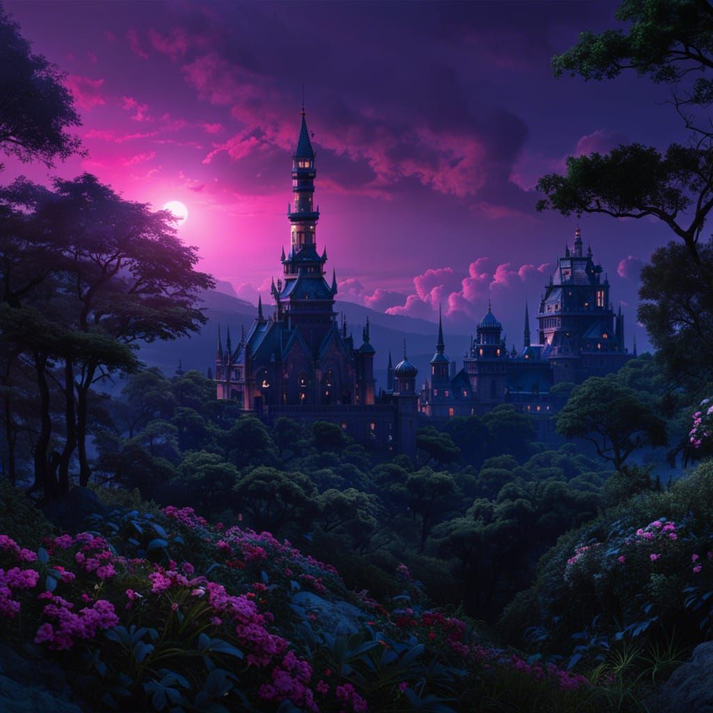 Overgrown Medieval City Sunset: Digital Art