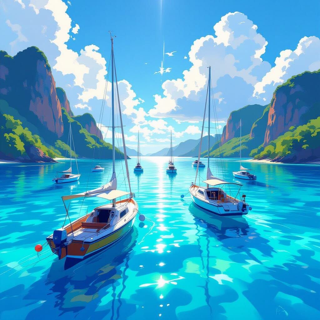 Vibrant Boats in Tropical Bay, Digital Concept Art