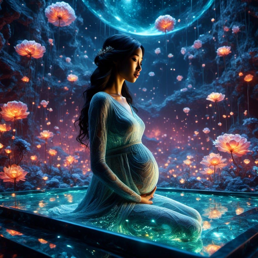 Pregnant Woman Levitating in Cosmic Room