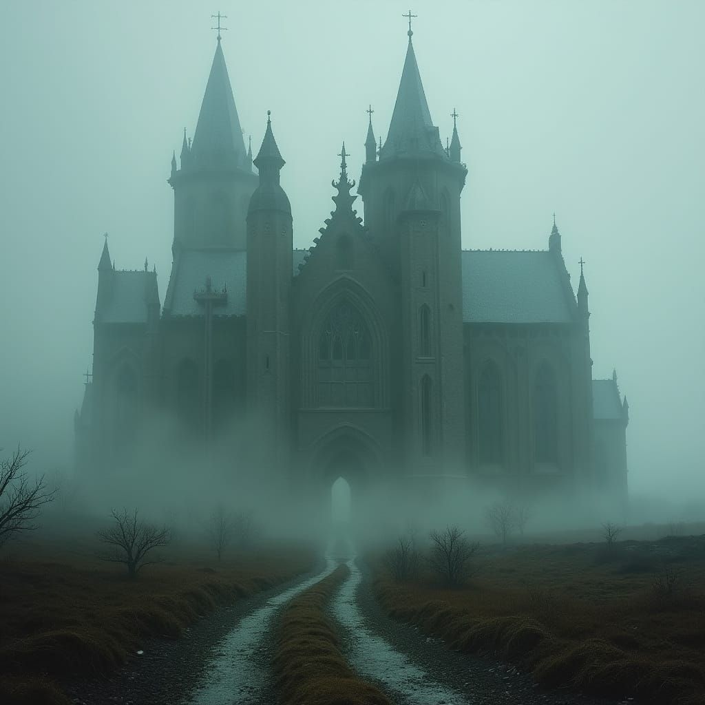 Gothic Cathedral Dominates Stormy Moor Landscape
