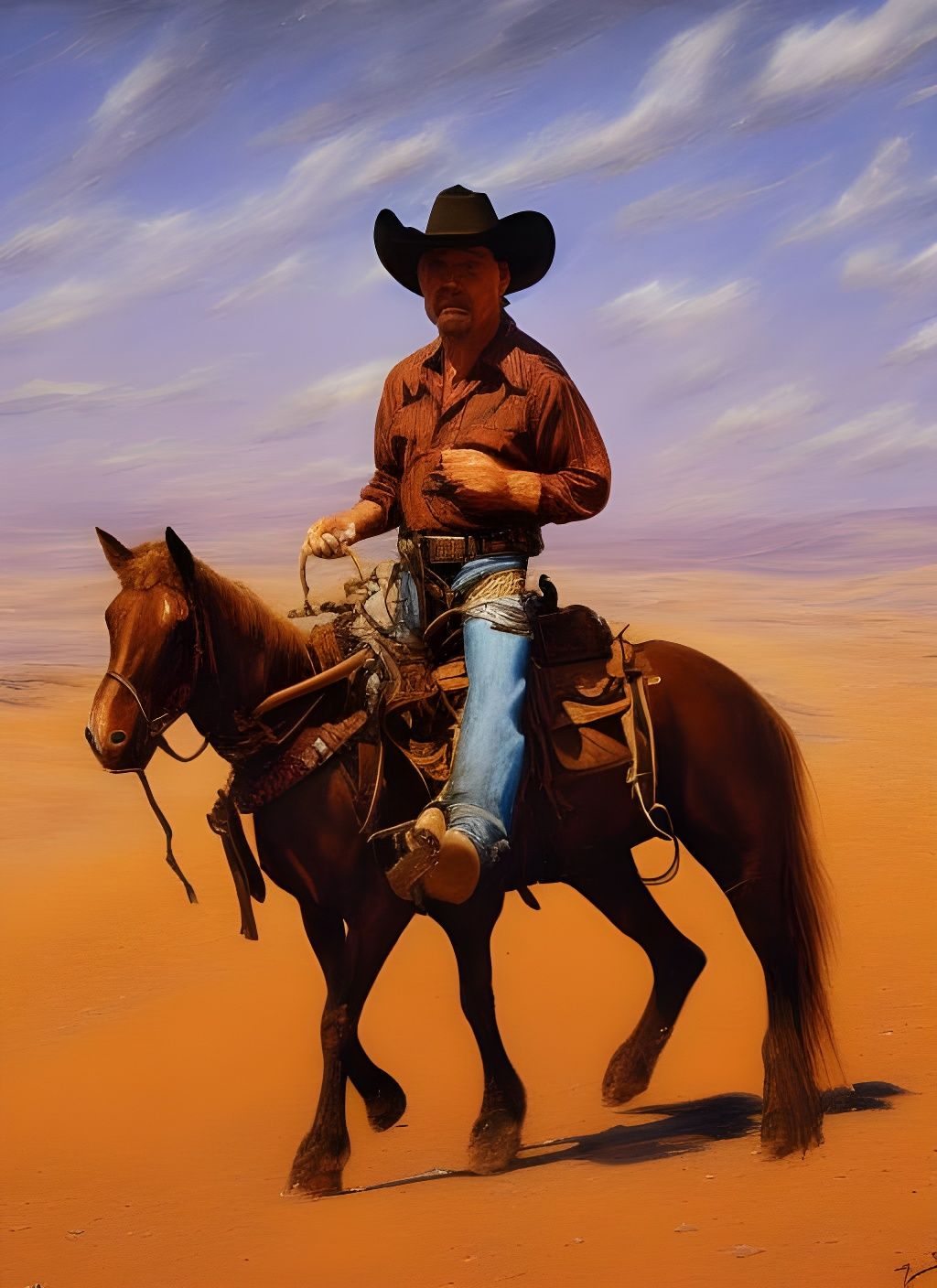 Cowboy and Horse in Surreal Western Landscape