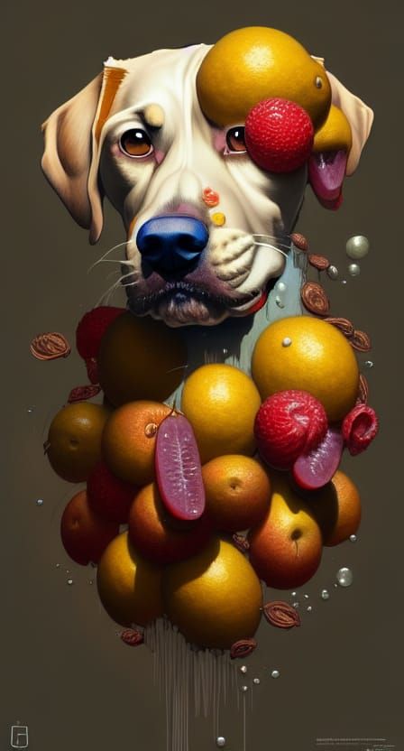 Dog with Fruit Head: Hyperdetailed Cosmic Portrait