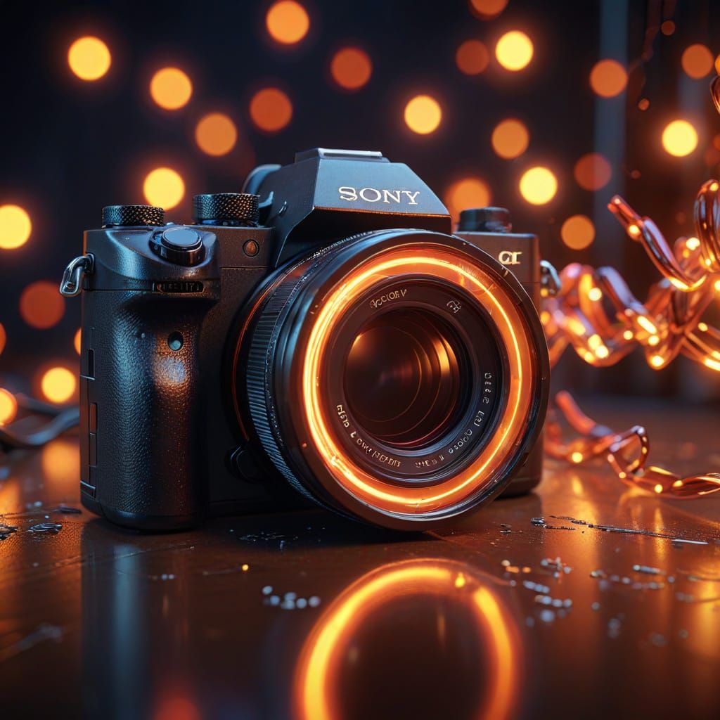 A glowing sony camera with red-orange neon light highlights .