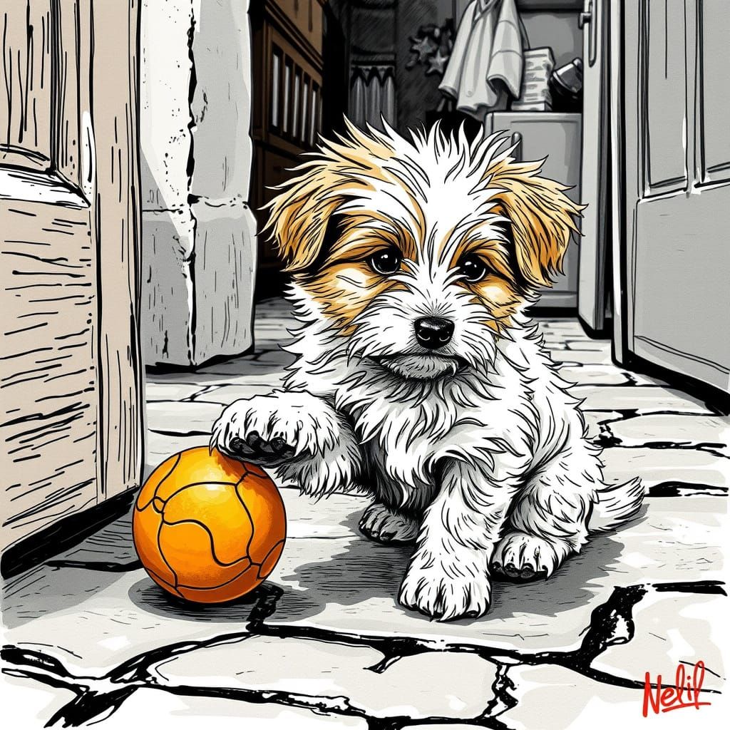 Playful Dog with Vibrant Ball in Black and White Sketch