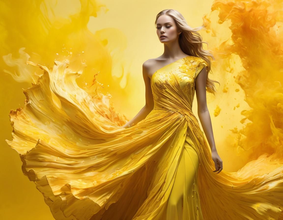 Model in Glowing Yellow Gown, Hyperrealistic Splash Art