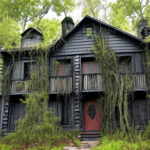 Evil dead themed penthouse with Black walls with wicked looking Vines growing on them& haunted Gothic windows& wicked lo...