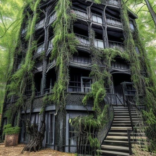 Evil dead themed penthouse with Black walls with wicked looking Vines growing on them& haunted Gothic windows& wicked lo...