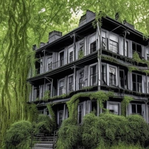 Evil dead themed penthouse with Black walls with wicked looking Vines growing on them& haunted Gothic windows& wicked lo...