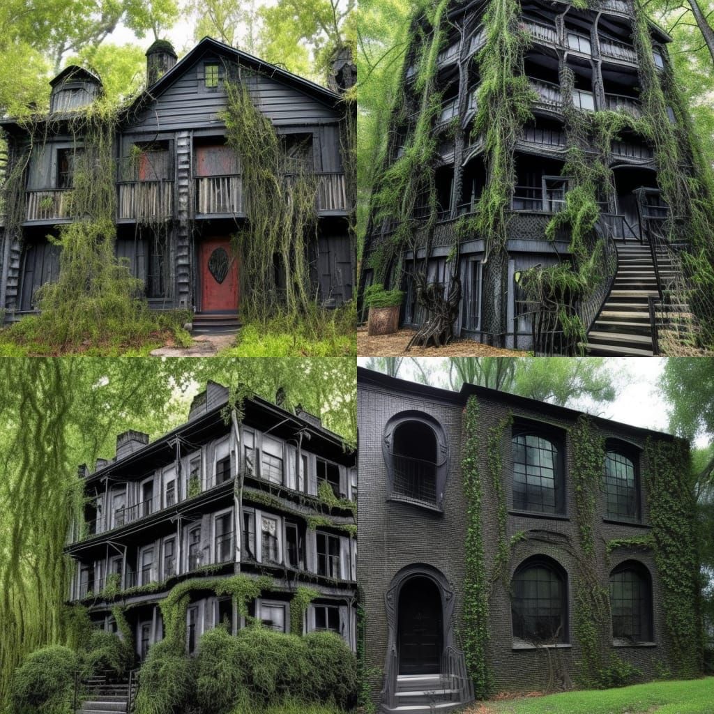 Evil dead themed penthouse with Black walls with wicked looking Vines growing on them& haunted Gothic windows& wicked lo...