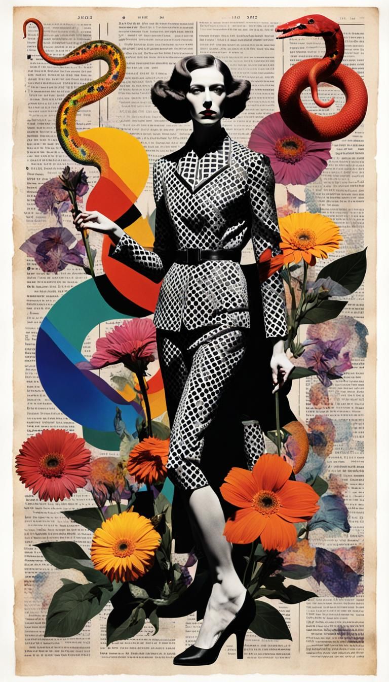 Dadaist Collage: Performer with Rainbow Serpents