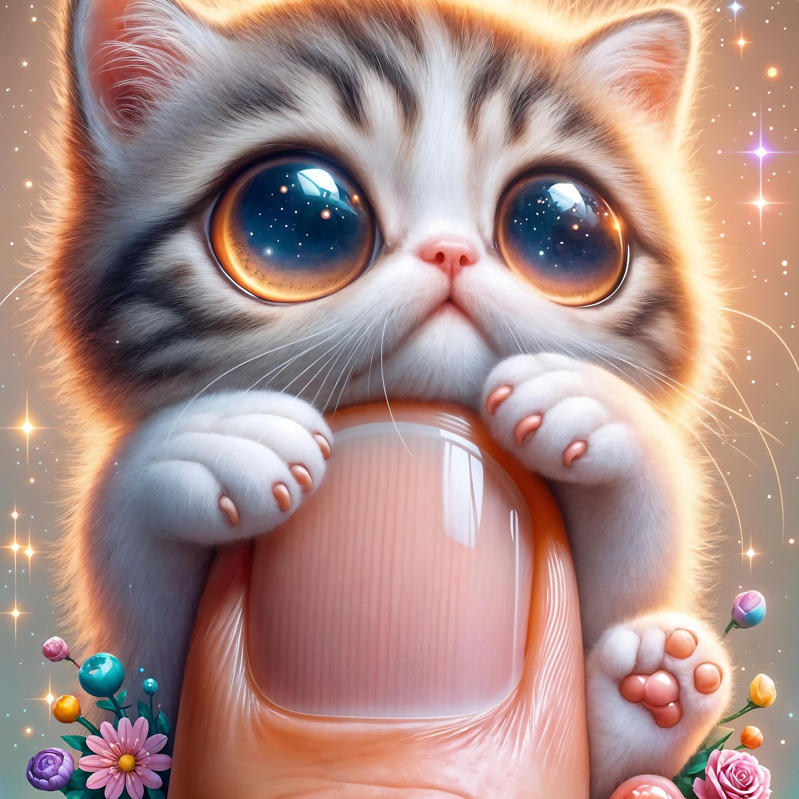 Anime Kitten Cradled by Giant Finger in Dreamy Scene