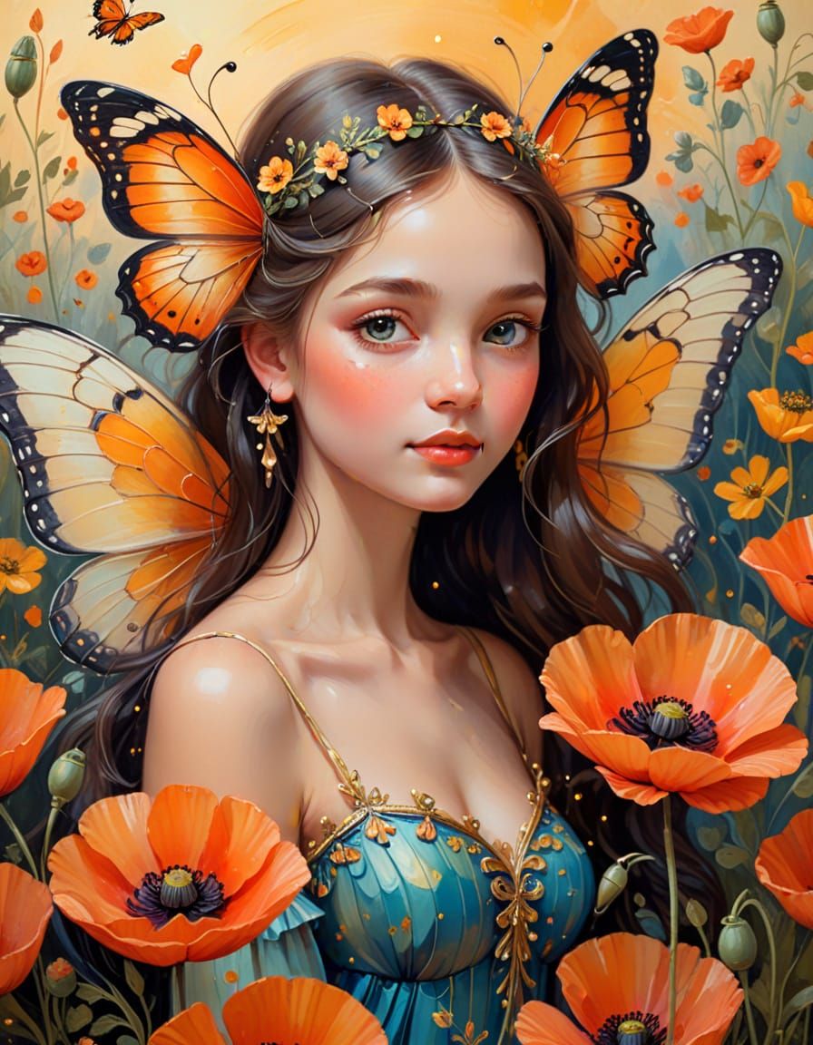 Butterfly Princess on Poppy in Naive Tempera Art