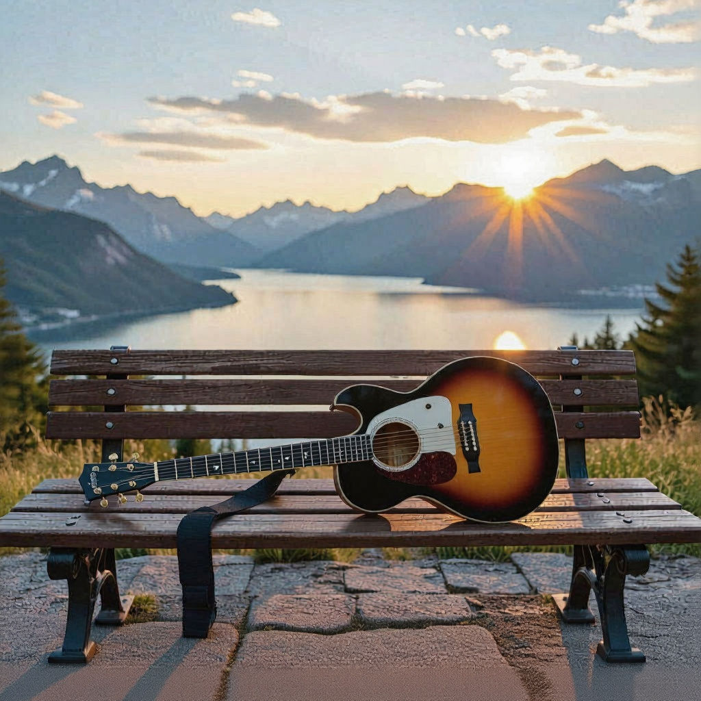 Guitar on Bench Overlooking Amazing View