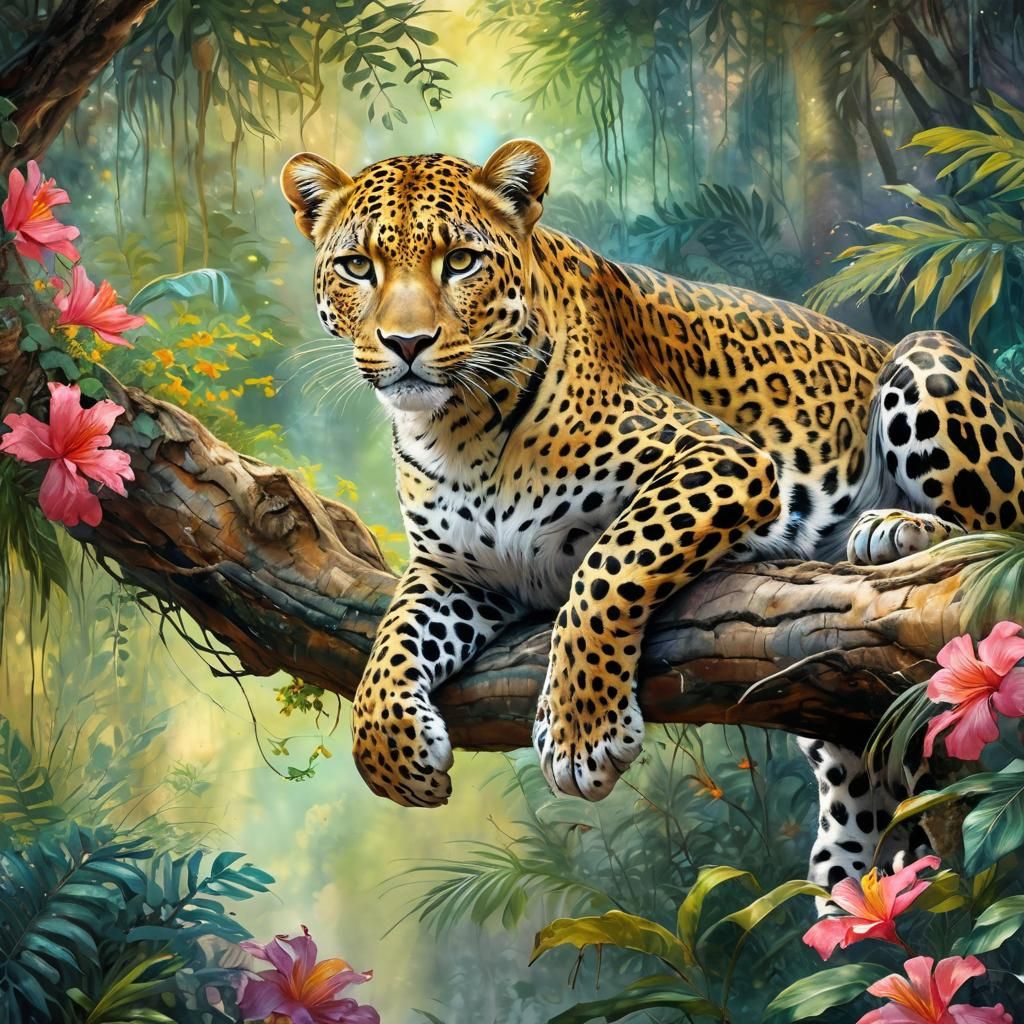 Leopard in Tropical Forest, Watercolor Impasto Style