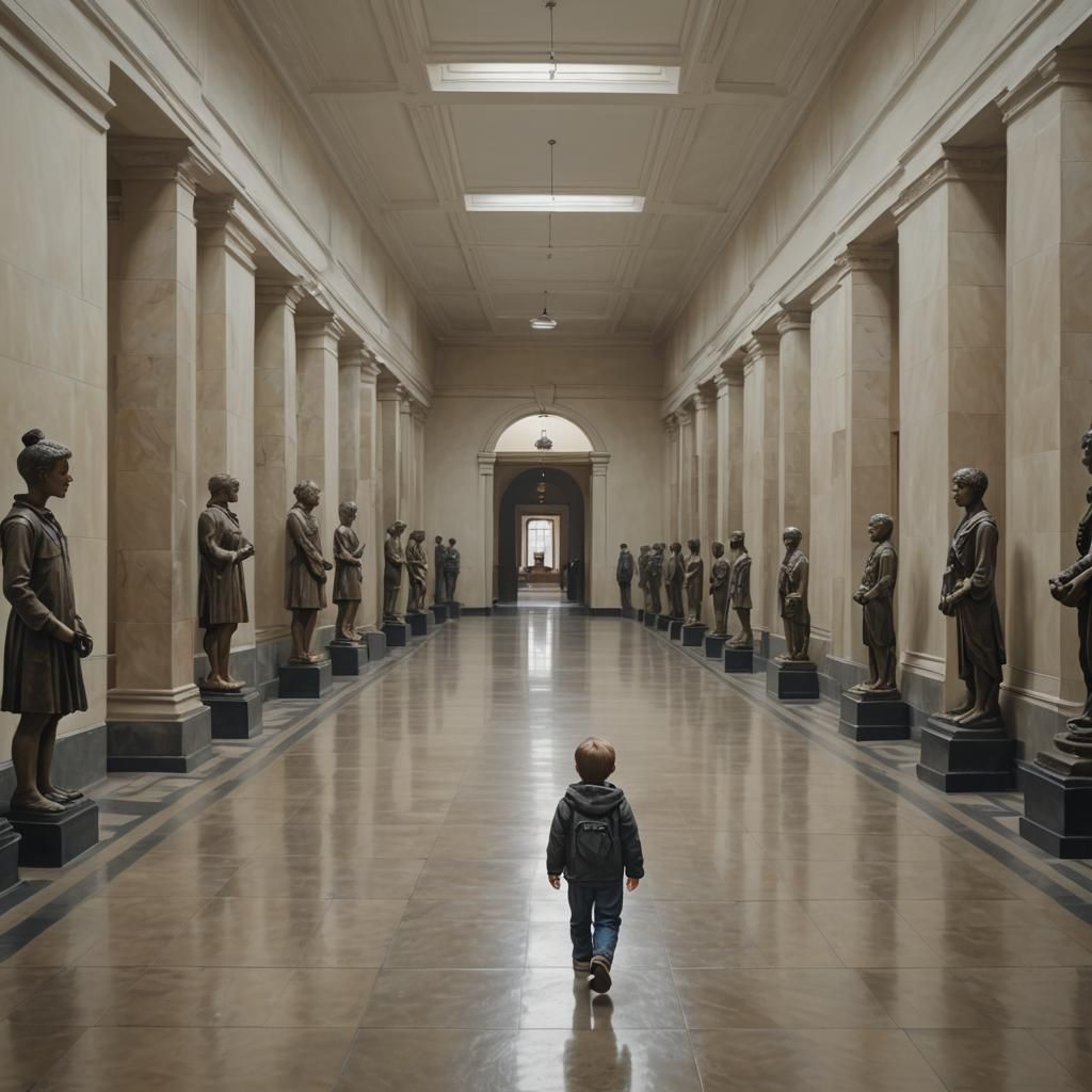 Child Walks Down Endless Hall in Photorealism
