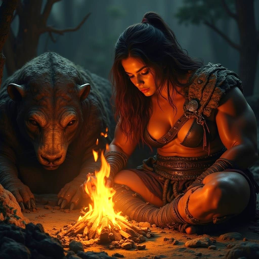 Muscular Barbarian Warrior Rests by Firelight