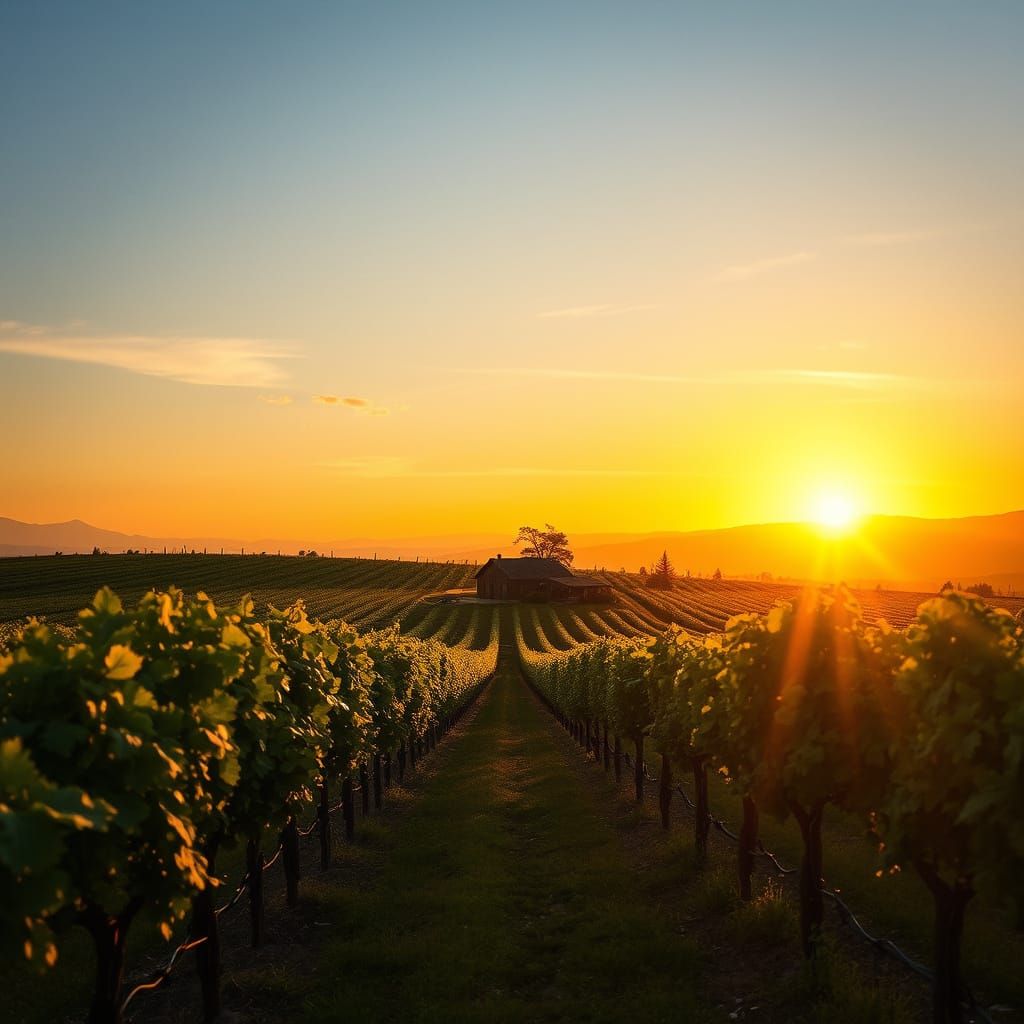 Vineyard Sunset Serenity in Oil Painting Style